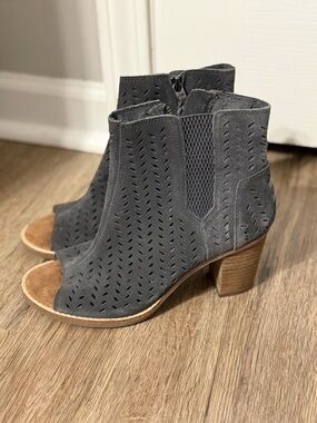 Toms Gray Suede Peep-Toe Laser-Cut Block Heel Booties